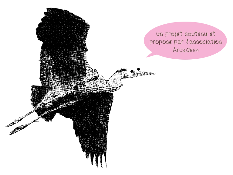 héron dans un style tramé avec le texte, projet soutenu et proposé par l’Arcade84