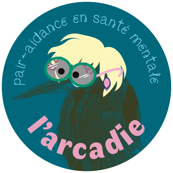 Sticker circulaire avec un héron et le texte pair-aidance en santé mentale